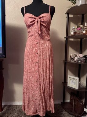 Women's Pink Tie-Front Button Maxi Dress